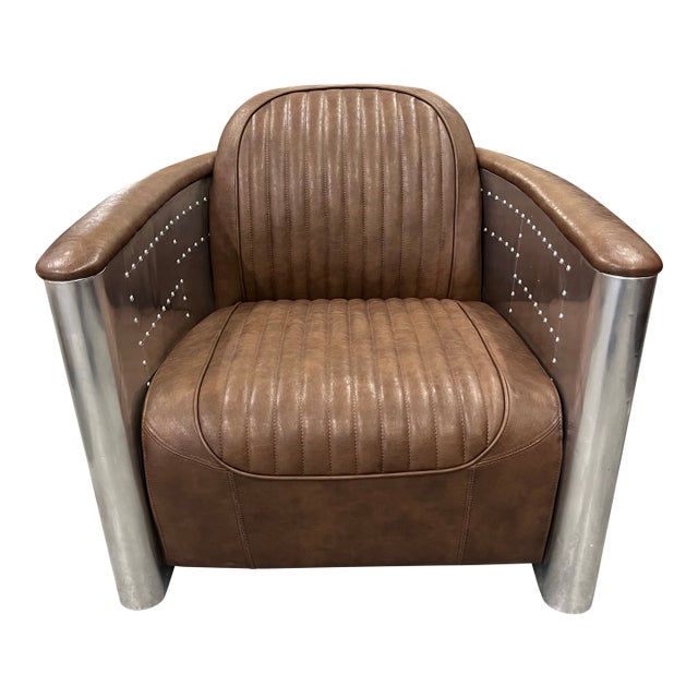 New Pacific Direct Brown Leather & Aluminum “Easton” Aviator Lounge Chair For Sale