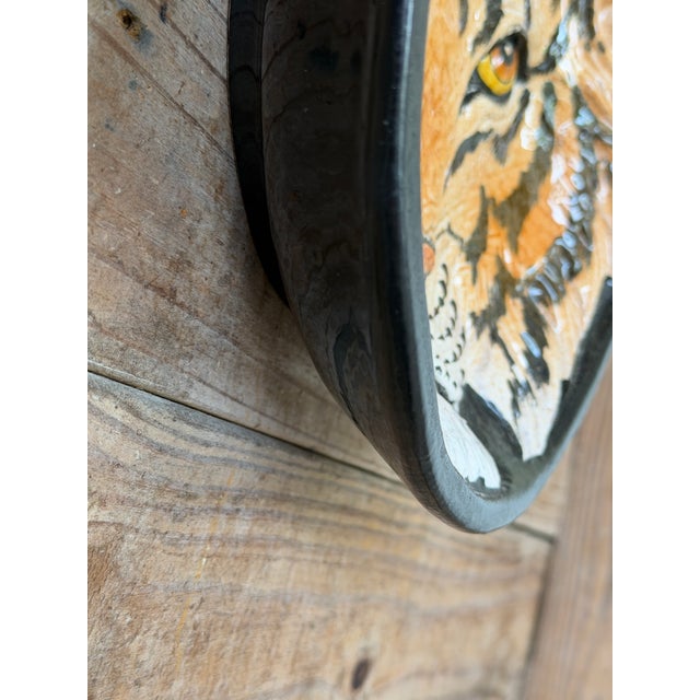 Vintage Italian Glazed Terracotta Tiger Wall Plate | Sculptural Ceramic Wall Art For Sale - Image 9 of 12