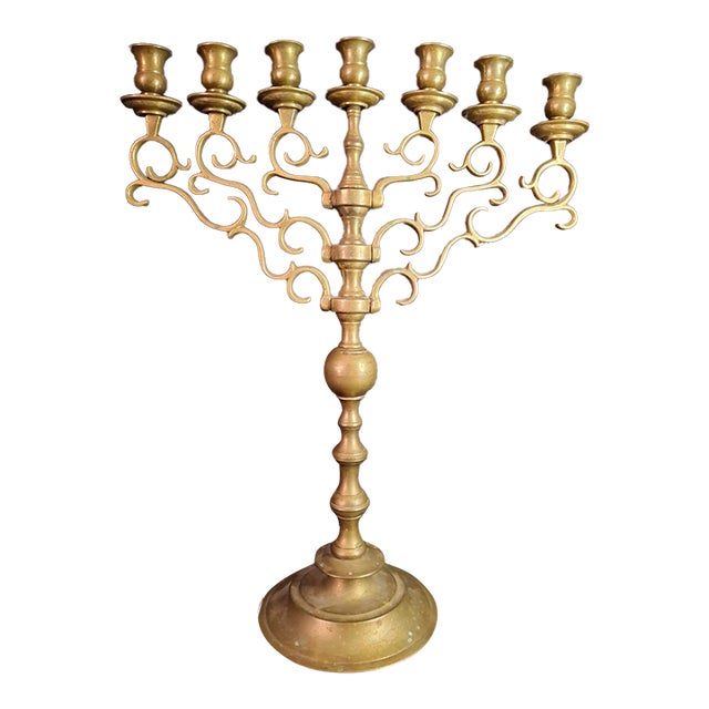 Large Antique 19th C. Eastern European Brass 7-Branch Temple Menorah 21.5" For Sale