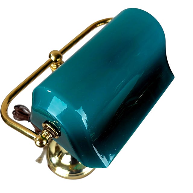 1970s Mid-Century Modern Art Deco Brass and Teal Glass Banker's Desk Lamp For Sale - Image 18 of 18