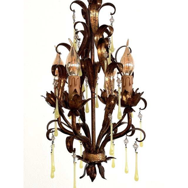 Metal Mid-Century Modern Italian Murano Glass Gilt Chandelier with Yellow Glass Drops, 1960s For Sale - Image 7 of 16