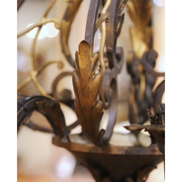 Mid Century French Louis XV Verdigris & Gilt Wrought Iron Eight-Light Chandelier For Sale - Image 4 of 10