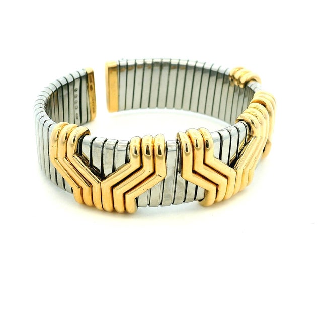 Modern 1990s Bulgari Parentesi Tubogas 18k Gold & Stainless Steel Cuff Bracelet For Sale - Image 3 of 12