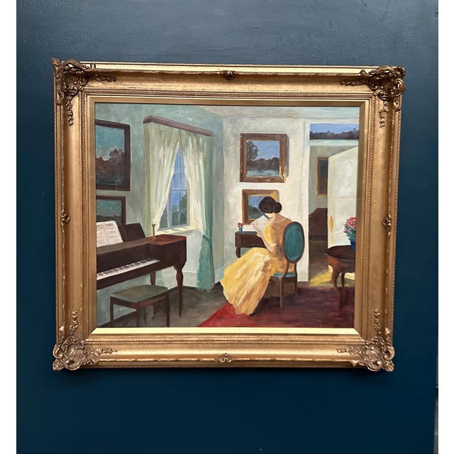 V. Hansen, Interior with Reading Woman, 1960s, Oil Painting on Canvas, Framed For Sale - Image 9 of 17