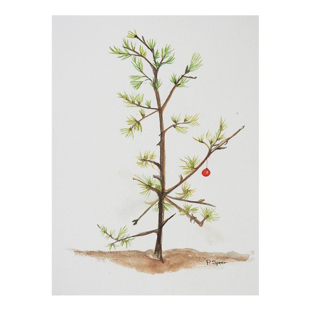 Early 21st Century Sparse Christmas Tree Watercolor Painting For Sale