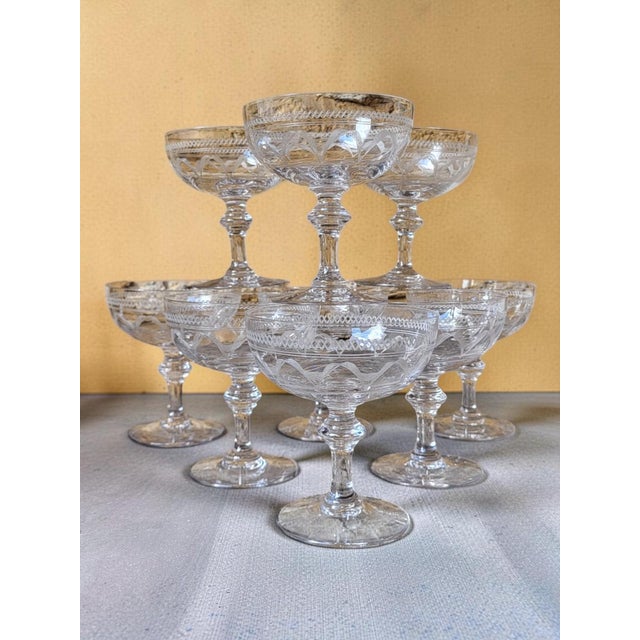 20th Century Engraved Crystal Champagne Coupes, 1920, Set of 9 For Sale - Image 4 of 8