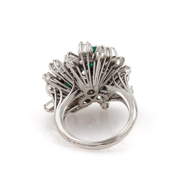 Diamond & Emerald 18k White Gold Estate Triple Floral Ring For Sale - Image 4 of 5