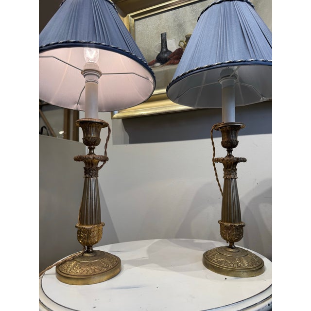 Vintage Louis XVI Style Bronze Lamp With Pleated Blue Fabric Shade For Sale - Image 11 of 11