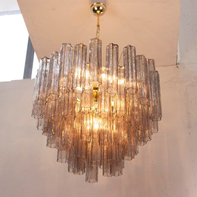 Suspension lamp made in italy tronchi in gray murano glass, ceiling chandelier ø80 cm. each piece is hand-blown in italy...
