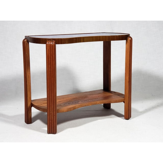 Art Deco Vintage Original Art Deco Cobalt Blue Mirror Glass Kidney Shape Solid Wood End Table For Sale - Image 3 of 14