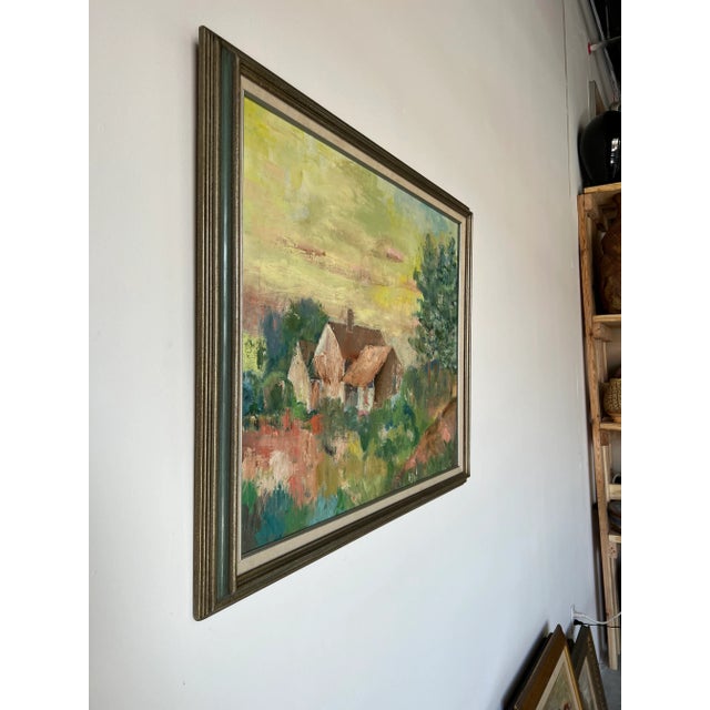 A beautifully Vintage oil painting on canvas depicts landscape scene with cottage. Titled on the back " Old House In...