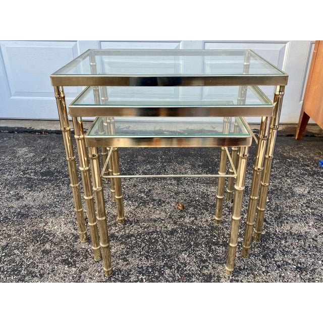 Late 20th Century Faux Bamboo Chinoiserie Brass Nesting Tables – Set of Three For Sale - Image 9 of 9