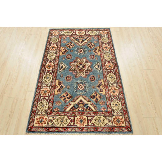 Farmhouse Kazak Rug 3’11” X 5’11” Blue Wool Tribal Hand-Knotted Oriental Carpet For Sale - Image 3 of 12