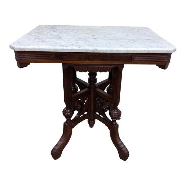 Antique Victorian Eastlake Renaissance Revival Marble Walnut Center Parlor Table For Sale