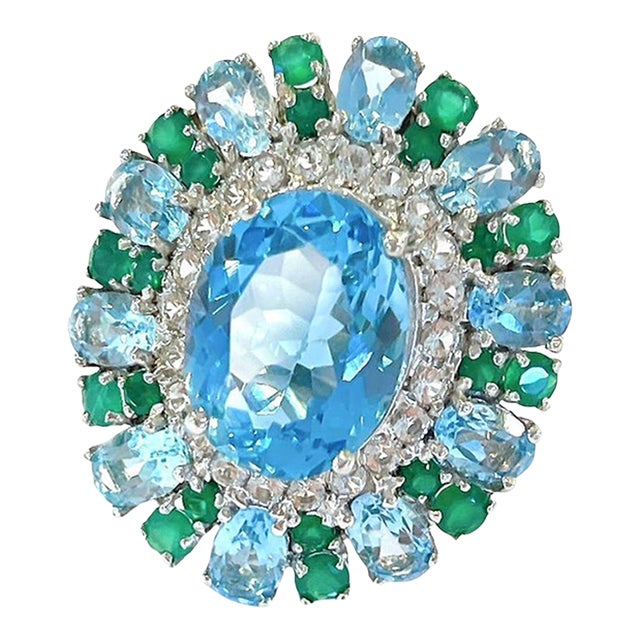 Bochic “Flamenco” Topaz & Multi Color Gems Cocktail Ring 18k Gold & Silver Size 9.5 For Sale