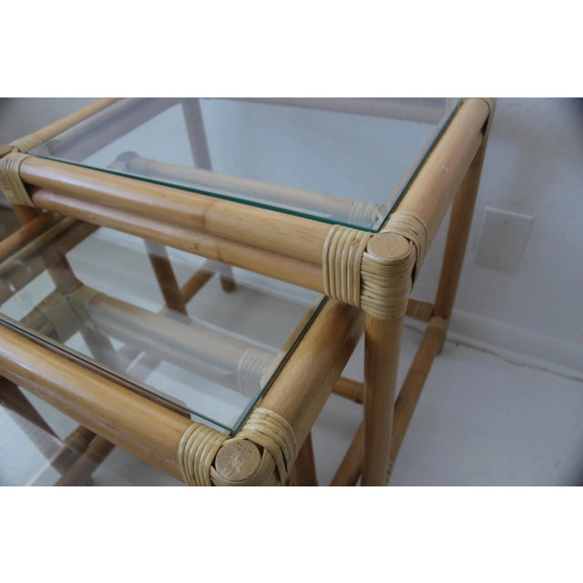 Light Yellow McGuire Style Boho Chic Blonde Bamboo Rattan Glass Nesting Tables - Set of 3 For Sale - Image 8 of 10