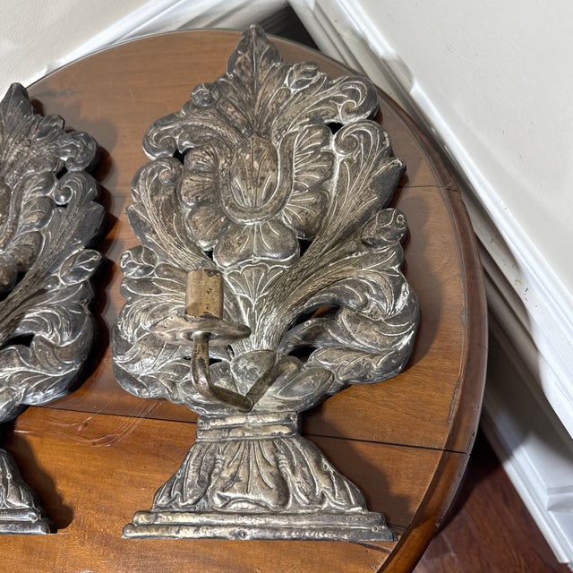 Hollywood Regency Pair Vintage Dutch Hammered Metal Wall Sconces Repousse Acanthus Floral Candle Holder For Sale - Image 3 of 7