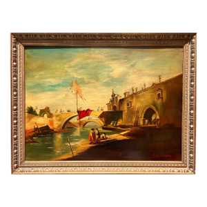 1969 Listed Italian Artist Araldo Ariano Large Oil Painting, Genre Scene
