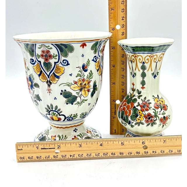 Royal Delft Vintage MCM Royal Delft Hand-Painted Porceleyne Fles Vases-Set of 2 For Sale - Image 4 of 4