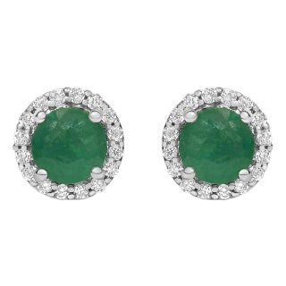 10K White Gold Green Emerald and 1/6 Cttw Diamond Halo Stud Earring For Sale