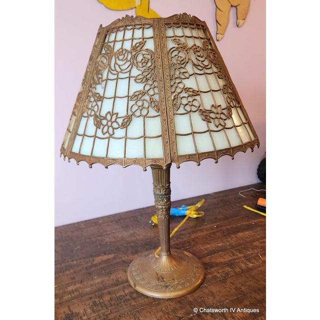 Glass Signed Edward Miller Art Nouveau Style Slag Glass 6 Panel Table Lamp, C1920s For Sale - Image 7 of 14