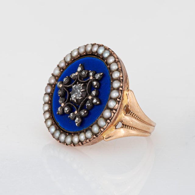Antique Victorian Diamond Pearl Ring 10k Rose Gold Sz 5 Blue Enamel Jewelry For Sale - Image 4 of 7