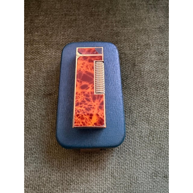 Rare Vintage Dunhill Gold Plated Cognac Marble Lacquer Lighter Original Sky Case For Sale - Image 15 of 15