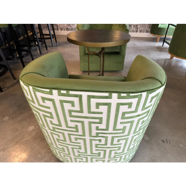 2020s Custom Swivel Chair With Green Performance Fabric & Thibaut “Green Ming” Back For Sale - Image 5 of 7