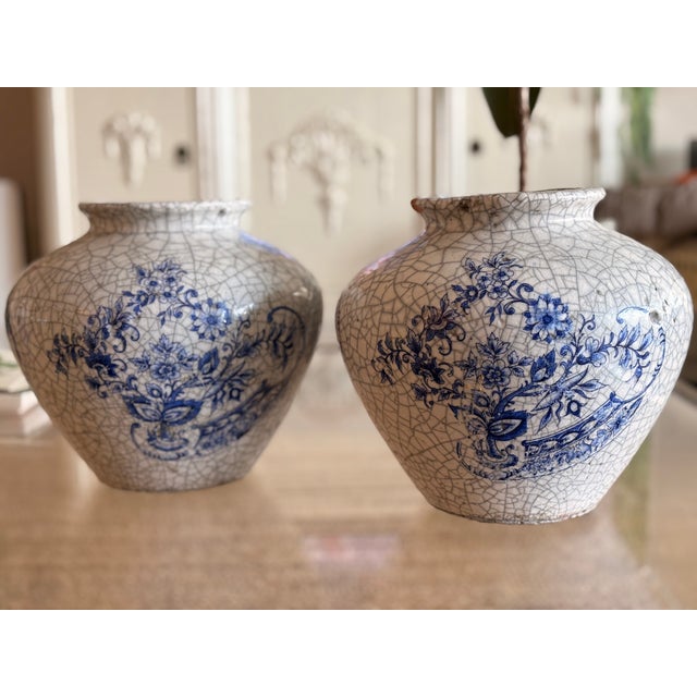 Set of 2 Large Vintage French Crackle Glaze Blue Floral Motif Clay Pots Arrived from Country Estate in Toulouse Vintage...