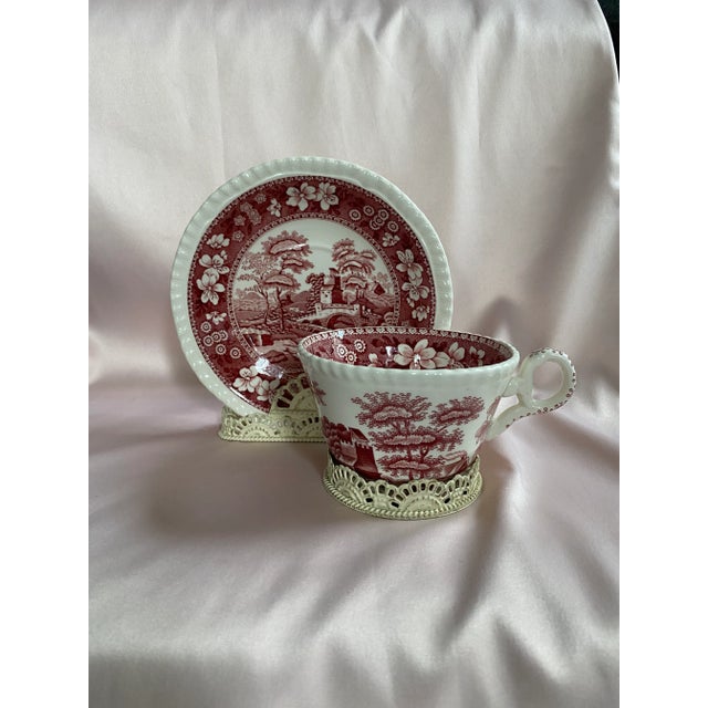 Final Markdown. Rare Find; Spode “Pink Tower” Design English Transferware Tea Cup & Saucer Set for 4(8 Pcs)Charming Ring Shaped Handles on Tea Cups. For Sale - Image 11 of 12