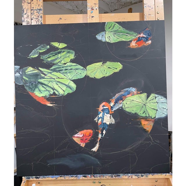 Early 21st Century Spotlight On Summer by Deb Komitor | Oil on Cradle Board Koi fish among lily pads in water. For Sale - Image 5 of 5