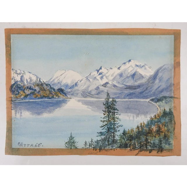 Rustic Small Early 20th Century Mountain Lake Landscape Watercolor Painting For Sale - Image 3 of 3