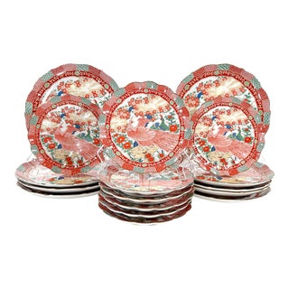 1980s Gumps Imari Orange & Green Porcelain Dinnerware Plates- Set of 17 For Sale