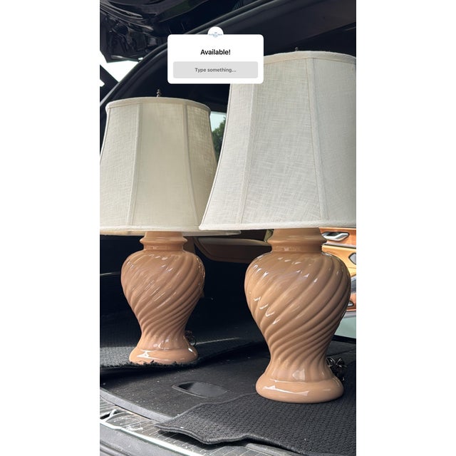 Hollywood Regency Vintage Pair of Blush Pink Ceramic Table Lamps With Linen Shades - Pair For Sale - Image 3 of 3
