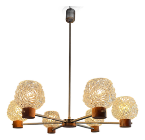 Mid-Century Modern 6-Arm Chandelier with Pressed Glass Shades, Late 20th Century