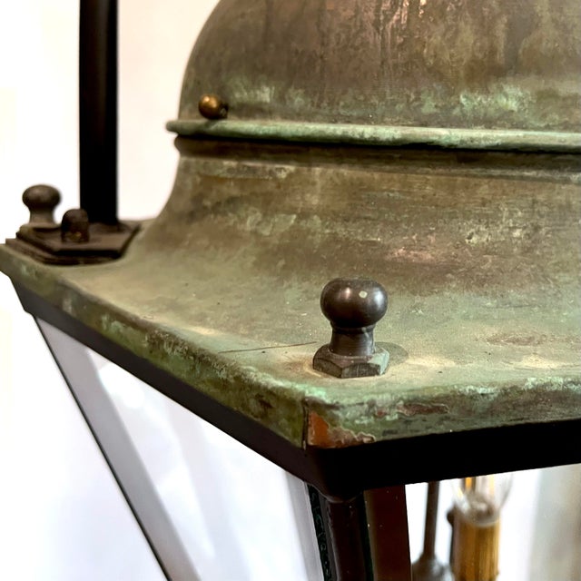 Copper 19th Century French Copper Street Lanterns - Pair - Rewired - 6 Foot Chains For Sale - Image 8 of 12
