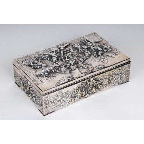 Wood Antique Continental Silverplate Covered Village Scene Motif Rectangular Box For Sale - Image 7 of 12