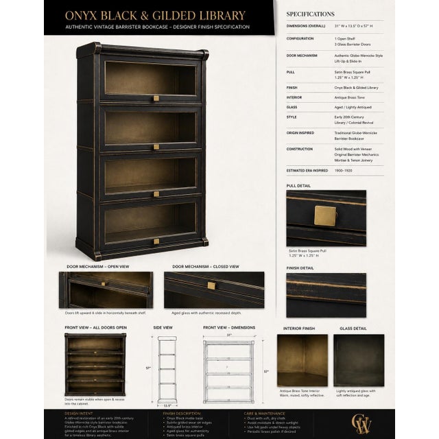 English Vintage Globe-Wernicke Style Barrister Bookcase in Onyx Black & Aged Gilded Finish For Sale - Image 3 of 4