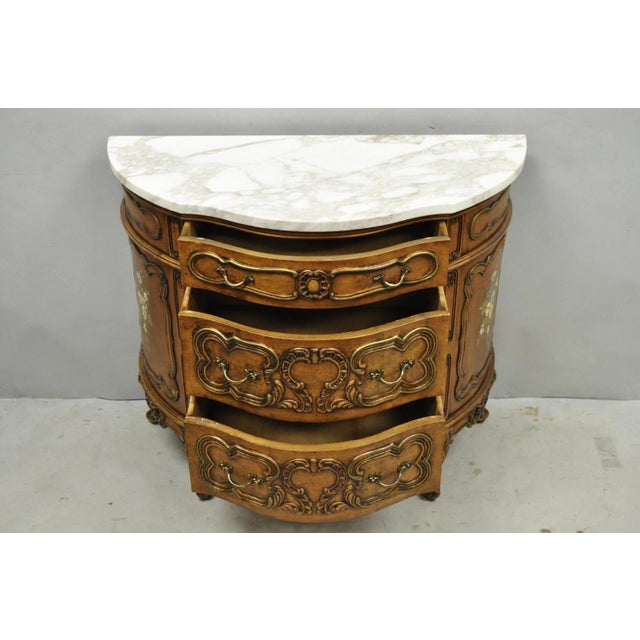 Vintage French Louis XV Style Bombe Demilune Marble Top Floral Painted Commode For Sale - Image 9 of 14