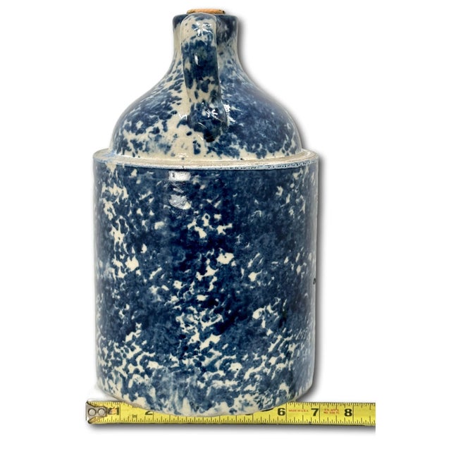 Very Rare Antique American 1 Gallon Size Blue Spongeware Decorated Stoneware Spirits Jug - Circa 1900 For Sale - Image 11 of 12