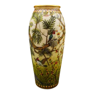 Mid 20th Century Hand Painted Sparrow Birds Tropical Floral Ceramic Vase