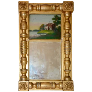 Early 20th Century Gold Gilded Mirror With Reverse Painting