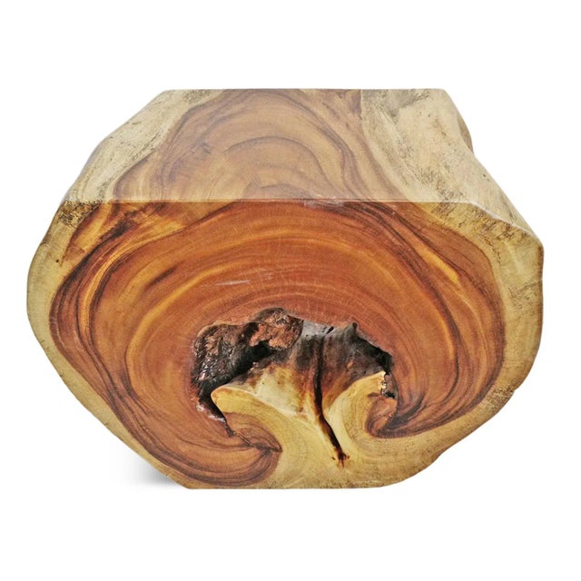 Beautiful organic Monkey Pod wood side table. Natural freeform shape with center hole that has been sanded smooth to show...