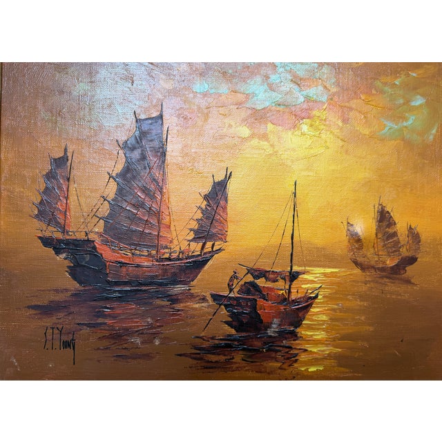 Golden Harbor — Vintage Maritime Oil Painting by Young A beautiful original vintage oil painting on wood board, signed...