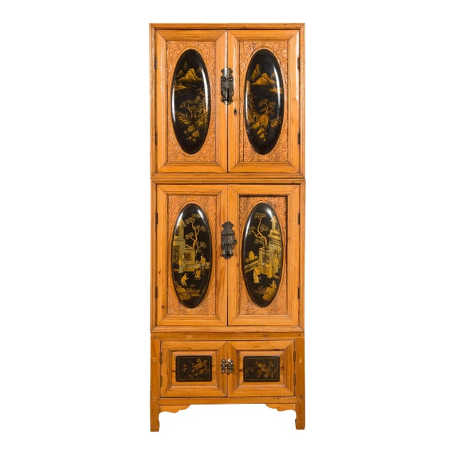 19th Century Chinese Qing Dynasty Tall Wooden Chinoiserie Panel Cabinet For Sale