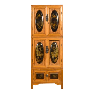19th Century Chinese Qing Dynasty Tall Wooden Chinoiserie Panel Cabinet
