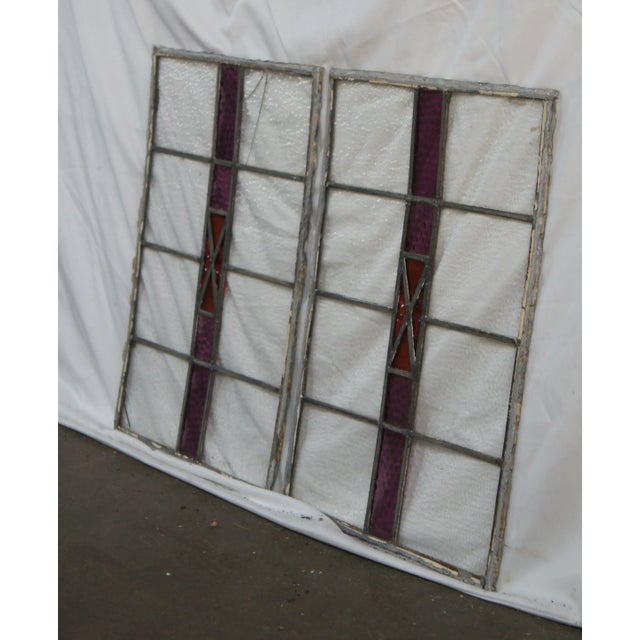 Pair of Antique Reclaimed Leaded Stained Amethyst Glass Window Panels For Sale - Image 9 of 12