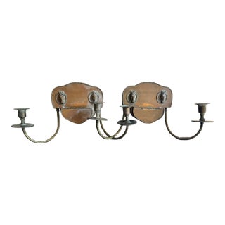 1970s Vintage Colonial Revival Brass Horse Head Double Arm Wall Sconces, Pair For Sale