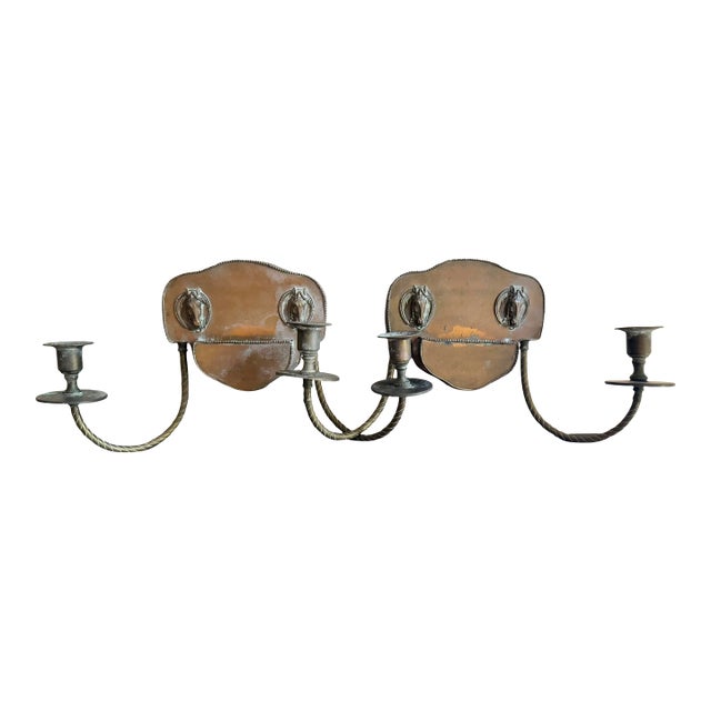 1970s Vintage Colonial Revival Brass Horse Head Double Arm Wall Sconces, Pair For Sale
