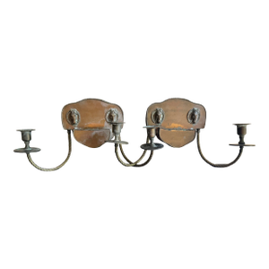 1970s Vintage Colonial Revival Brass Horse Head Double Arm Wall Sconces, Pair